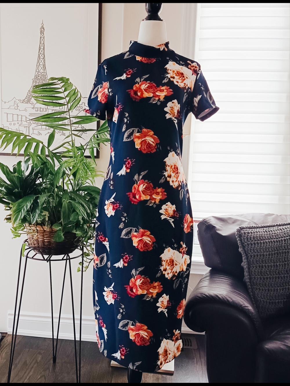 💙Floral Navy Blue Fit & Flare Dress - Navy with Orange & White Roses